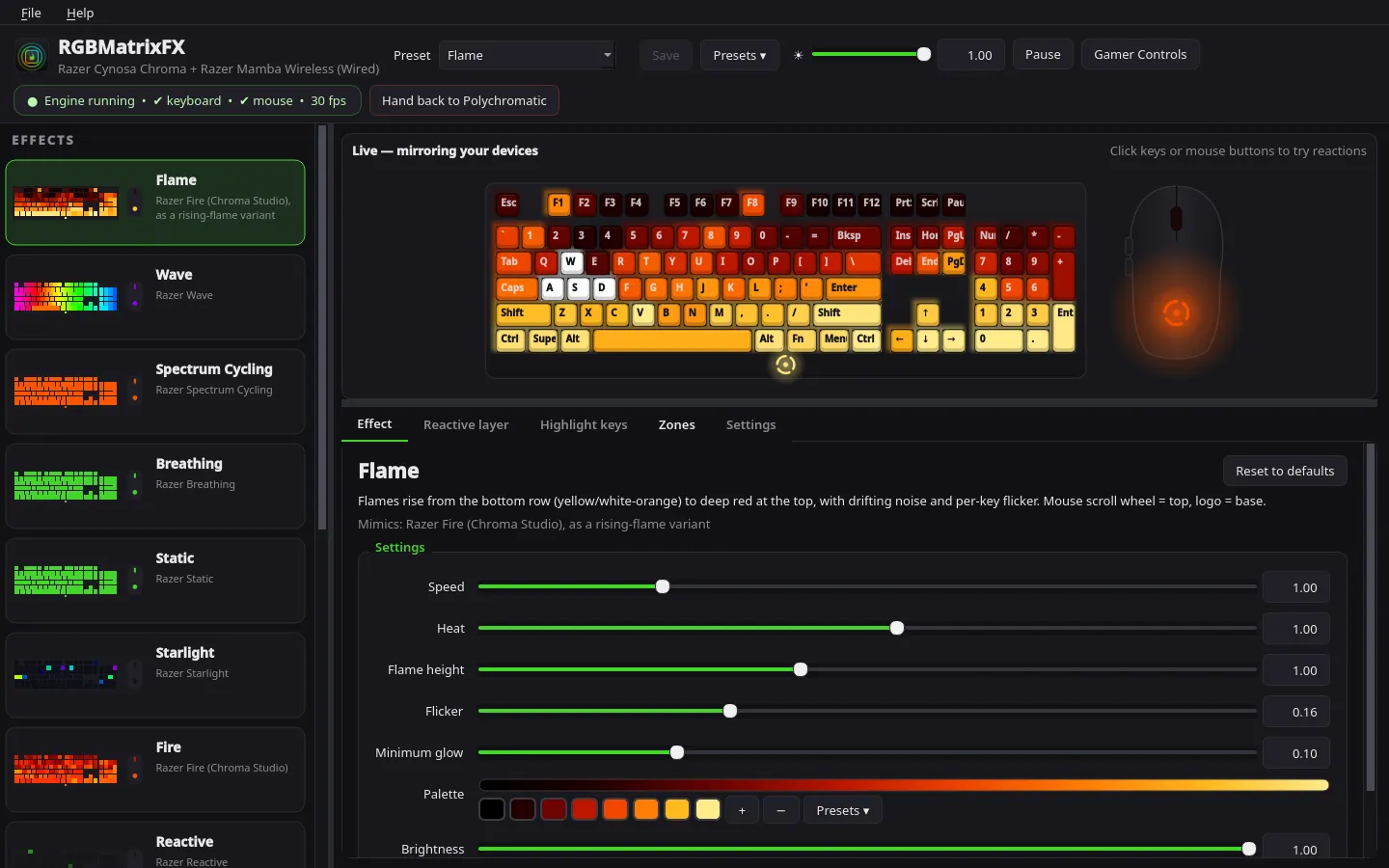 RGBMatrixFX showing the Flame effect on a keyboard and mouse