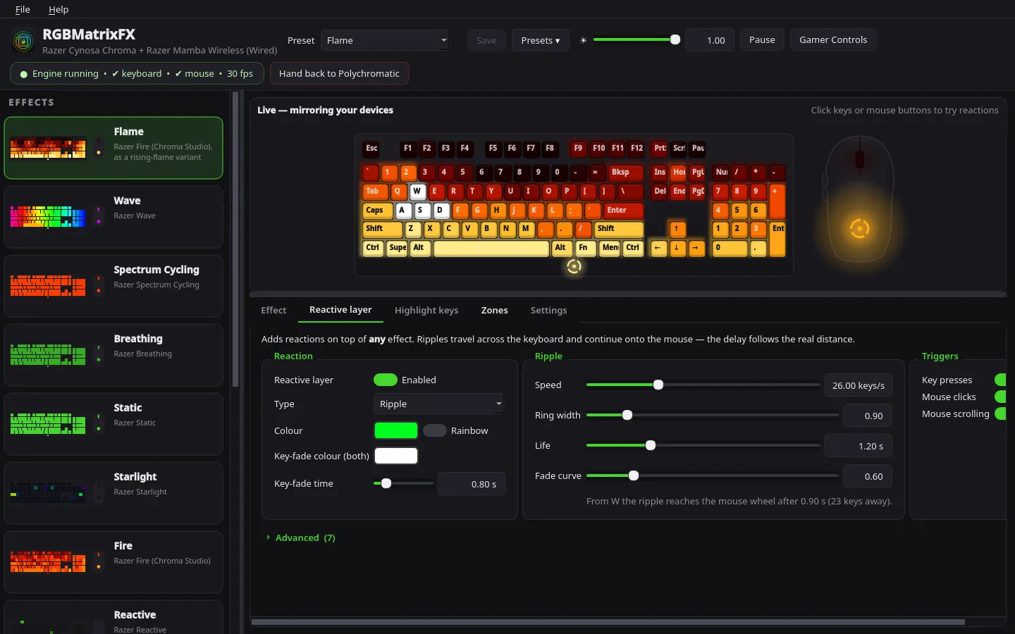 RGBMatrixFX reactive layer with ripples on a keyboard and mouse