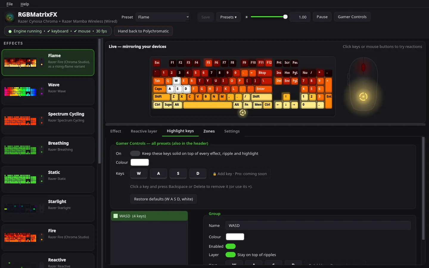 RGBMatrixFX highlighting key groups on a keyboard