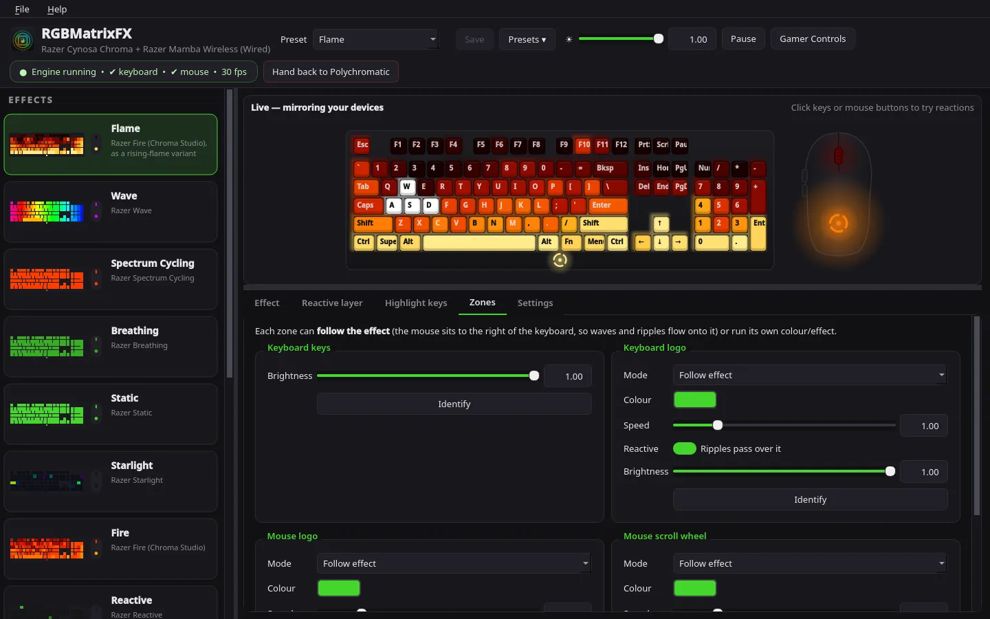 RGBMatrixFX separate lighting zones for keys, logos, and the scroll wheel